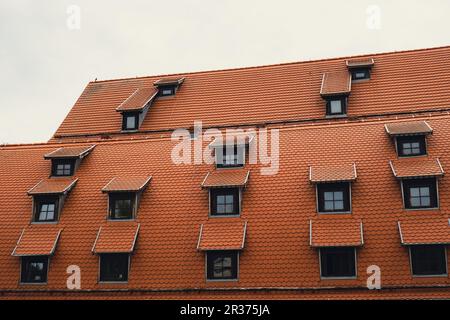 Angolo con dormitori tetti rossi della città tegole di metallo marrone tetto della casa europea con finestre. Tipico tetto europeo in mattoni con finestre. Città di Bydgoszcz Foto Stock