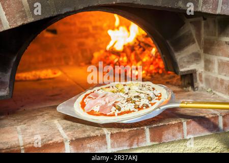 Pizza capricciosa di fronte al forno a legna Foto Stock