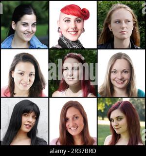 collezione di 9 diverse donne caucasiche da 18 a 30 anni Foto Stock