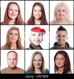 collezione di 9 diverse donne e uomini multietnici da 18 a 45 anni Foto Stock