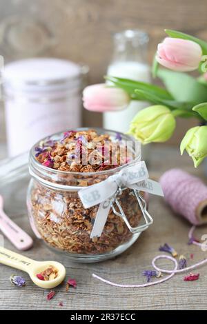 Muesli fatti in casa con noce di cocco, girasole e semi di zucca in un vaso Foto Stock