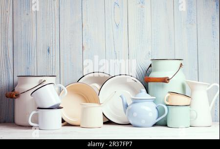 Enamelware still life Foto Stock