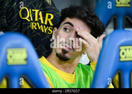 Parigi, Francia. 21st maggio, 2023. Vitinha durante la partita di calcio Ligue 1 tra AJ Auxerre (Aja) e Paris Saint Germain (PSG) il 21 maggio 2023 allo Stade Abbe Deschamps di Auxerre, Francia. Credit: Victor Joly/Alamy Live News Foto Stock