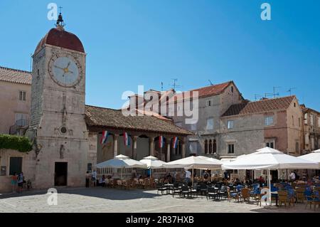 Campanile e Loggia, Città Vecchia, Trogir, Spalato-Dalmazia, Croazia, TRAU, Torre dell'Orologio, loggia cittadina Foto Stock