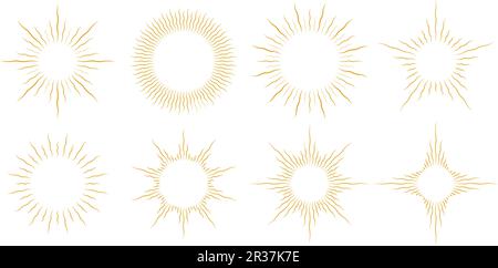 Set di cornici dorate e ricurve. Confezione di raggi solari retti in cerchio retrò. Elementi di design vintage ondulati per logo, etichette, badge, banner. Collezione di illustrazioni in oro vettoriale Illustrazione Vettoriale