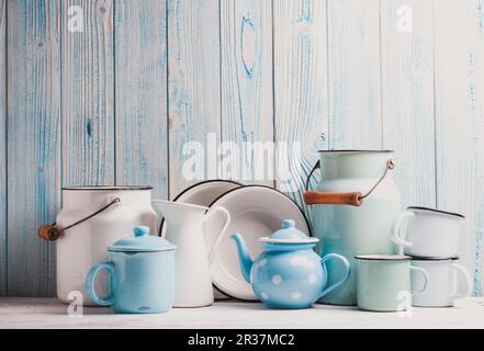 Enamelware still life Foto Stock