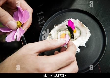 Un'ostrica è decorata con petali di fiori Foto Stock