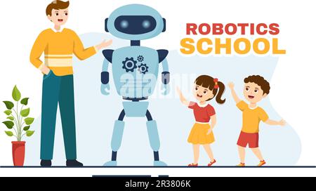 Illustrazione vettoriale della scuola di robotica con bambini progetto robotico per la programmazione e l'ingegneria robot in cartoon piano modelli di landing page disegnati a mano Illustrazione Vettoriale