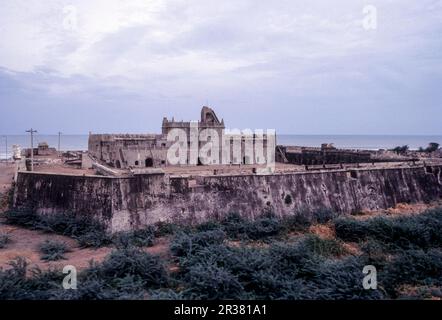 Forte Dansborg Danese costruito nel 1620 sulla riva del Golfo del Bengala a Tranquebar, Tharangambadi, Tamil Nadu, India del Sud, Asia. L'Oriente britannico Foto Stock