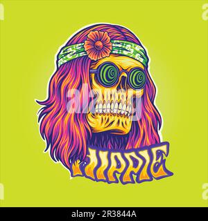 Boho del cranio umano con gli occhiali tripy hippie illustrazioni vettoriali illustrazioni per il vostro logo di lavoro, t-shirt di merchandise, adesivi e disegni di etichette, po Illustrazione Vettoriale