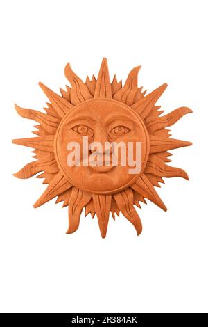 Legno messicano intagliato Maya sole simbolo targa isolato su bianco Foto Stock