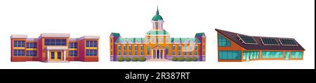 Set di edifici scolastici, universitari e centri commerciali isolati su sfondo bianco. Illustrazione vettoriale dei cartoni animati contemporanei dell'architettura urbana moderna e classica. Costruttore di strade cittadine Illustrazione Vettoriale