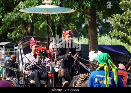 Inu kirana (ambasciatore del turismo di kediri) sulla carrozza trainata da cavalli per celebrare la giornata dell'indipendenza indonesiana a simpang lima gumul kediri Foto Stock