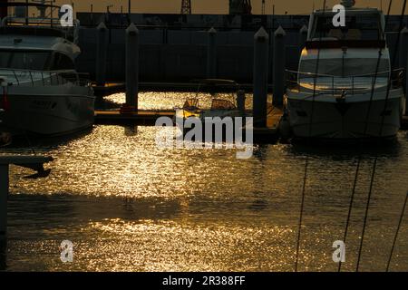 Barche ormeggiate al tramonto Foto Stock