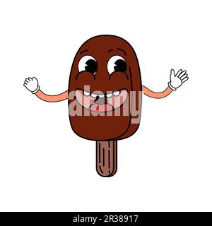 Gelato divertente groovy sul carattere del cartone animato del bastone, hippie vintage 70s. Doodle fumetto brillante personaggio Illustrazione Vettoriale
