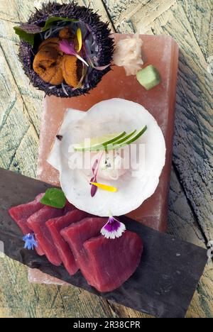 Tonno, capesante e ricci di mare serviti su un mattone di sale rosa (Giappone) Foto Stock
