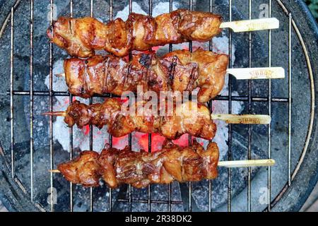 Grigliate gli spiedini di pollo Foto Stock