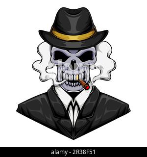 Illustrazione del carattere del cranio umano gangster mafia che indossa il vestito e il sigaro fumante Illustrazione Vettoriale