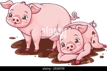 Cartoni animati maiali che rotolano nell'illustrazione del fango Illustrazione Vettoriale