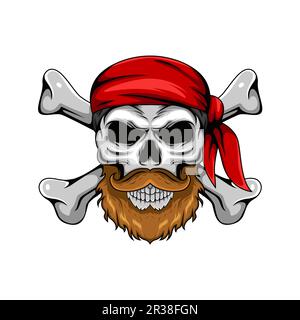 Illustrazione del carattere mascotte del cranio umano pirata con le ossa incrociate Illustrazione Vettoriale