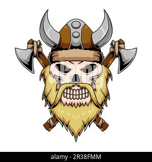 Illustrazione del carattere mascotte del cranio umano vichingo con assi incrociati Illustrazione Vettoriale