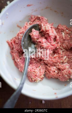 Polpette in preparazione: Carne macinata e ingredienti miscelati Foto Stock