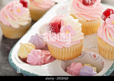 Cupcake alla vaniglia e al lampone con gelato al formaggio cremoso Foto Stock