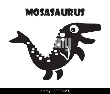 Mosasauro . Carino dinosauri personaggi cartoni animati . Silhouette nero colore isolato . Design piatto . Illustrazione vettoriale . Illustrazione Vettoriale