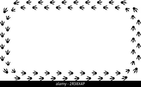 Cornice Dragon footprint. Bordo di stampa dinosauro rettangolare disegnato a mano. Modello del telaio del piede del drago. Dino carino bordo texture percorso. Vettore Illustrazione Vettoriale