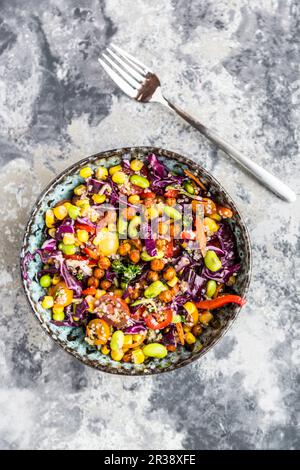 Insalata di quinoa colorata con pomodori, mais dolce, edamame, cavolo rosso, ceci torrefatti e carote Foto Stock