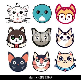 Set di carino facce gatto cartoni animati doodle icone vettoriali. Illustrazione Vettoriale