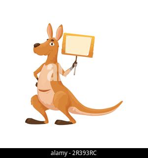 Personaggio dei canguri cartoni animati con cartellone. Vettore isolato wallaby divertente tenendo banner di legno sul bastone. Personaggio marsupiale nazionale australiano con annuncio. Sorridente fumetto wallaroo Illustrazione Vettoriale