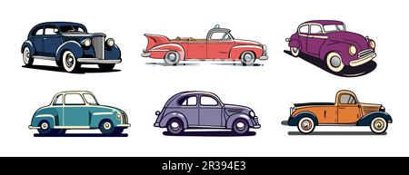 Set di auto d'epoca cartoni animati in stile disegnato a mano. Illustrazione Vettoriale
