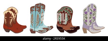 Set di diversi stivali da cowgirl vettore isolato. Illustrazione Vettoriale