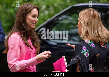 Londra, Regno Unito. 22nd maggio, 2023. HRH Princess of Wales visita i giardini al 2023 RHS Chelsea Flower Show. Ha chiacchierato con i progettisti del giardino, ha pranzato con alcuni pensionati di Chelsea ed ha interagito con i gruppi dei bambini della scuola su ciascuno dei giardini di esposizione. Ha apprezzato molto la visita e ha attirato una grande folla di visitatori e fotografi. Credit: David Betteridge/Alamy Live News Foto Stock