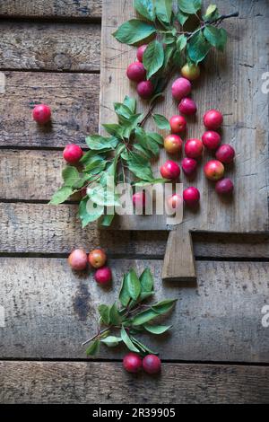 Prugne di ciliegio su un tavolo di legno Foto Stock