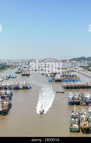 ZHOUSHAN, CINA - 23 MAGGIO 2023 - gli agenti di polizia di polizia pattugliano i porti di pesca e le acque nella loro giurisdizione da motoscafo il 23 maggio 2023, i Foto Stock