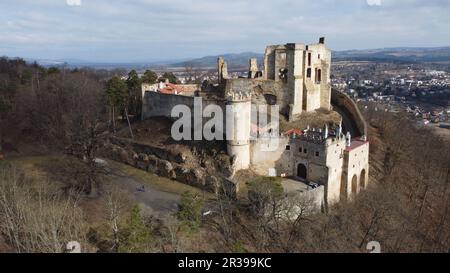 Boskovice, repubblica Ceca - 14 settembre 2023: Vista panoramica aerea del castello di Boskovice e della città-Hrad Boskovice, gotico medievale per la Moravia Foto Stock