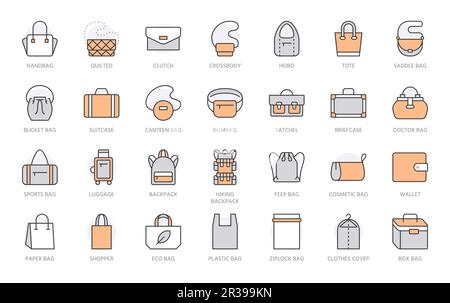 Set di icone linea sacchetti. Tipi di borsetta - borsa, valigetta, fanny pack, shopper, bagagli, busta di plastica illustrazioni vettoriali minime. Semplici segni di contorno per Illustrazione Vettoriale