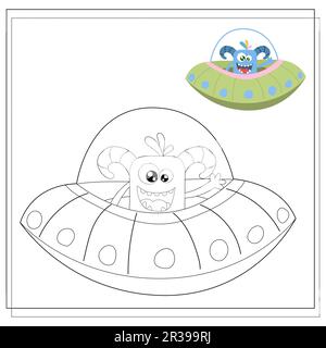 Libro da colorare per bambini, mostri cartoni animati, alieni in un piattino volante. Illustrazione vettoriale su sfondo bianco. Illustrazione Vettoriale