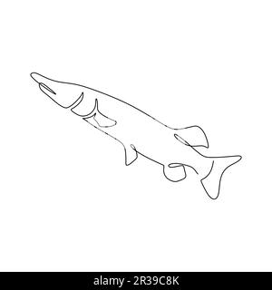 Disegno a linea continua di un pesce Muskellunge su sfondo bianco. Illustrazione vettoriale Illustrazione Vettoriale