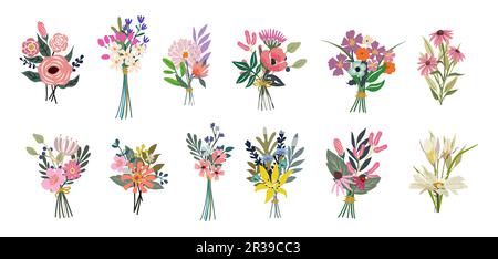 Set di diversi bouquet con fiori. Illustrazione Vettoriale