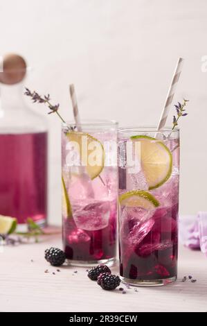 Cocktail purple di mora con ghiaccio, fettine di lime e lavanda Foto Stock