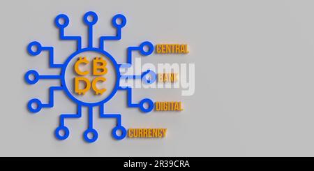 Sfondo del banner di testo della valuta digitale della Banca centrale CBDC. Simbolo futuristico della moneta fiat di diversi paesi. disegno dell'illustrazione del rendering 3d. Nuovo Foto Stock