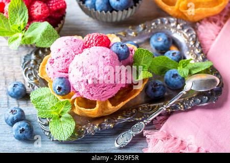 Gelato fatto in casa con mirtillo e lamponi in ciotola Foto Stock