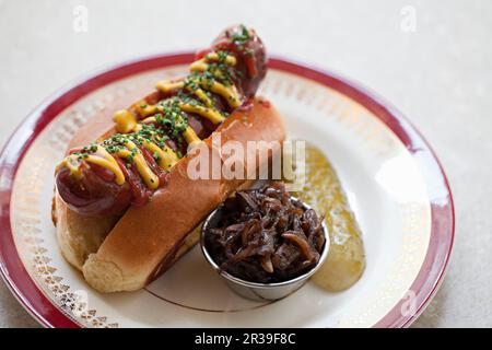 Hot dog coperto di senape e ketchup in un rotolo con una zucca e cipolle Foto Stock