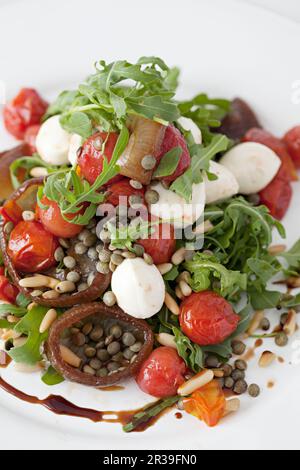 Insalata di lenticchie mescolata con razzo, pomodori e polpette di mozzarella Foto Stock