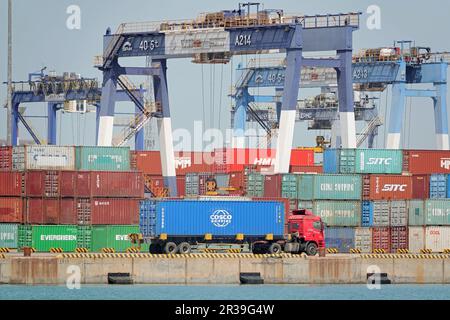 YANTAI, CINA - 22 MAGGIO 2023 - le gru caricano e scaricano i container al porto di Yantai, provincia di Shandong, Cina orientale, 22 maggio 2023. Nel primo aprile del 2 Foto Stock