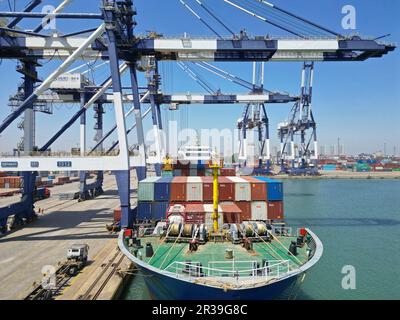 YANTAI, CINA - 22 MAGGIO 2023 - le gru caricano e scaricano i container al porto di Yantai, provincia di Shandong, Cina orientale, 22 maggio 2023. Nel primo aprile del 2 Foto Stock