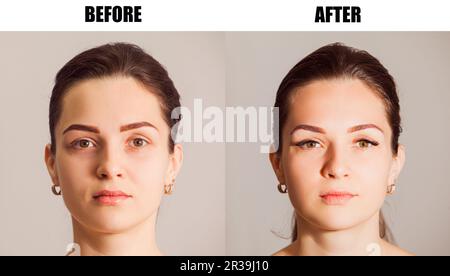 Ritratto del modello di bellezza prima e dopo l'estensione della ciglia Foto Stock